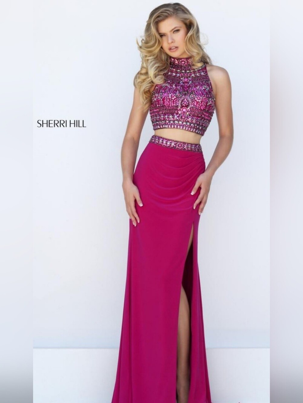 Sherri Hill Magenta Beaded Two-Piece Prom Gown Size 6. Missing Couple Stones .